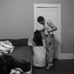 Folding clothes.