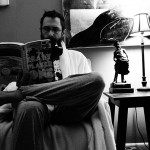 Reading time with peanut butter robe and short pants.